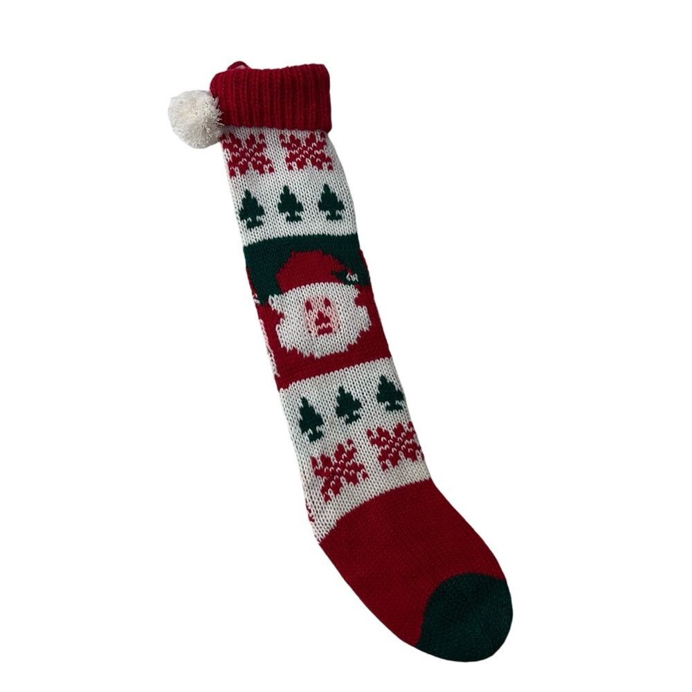 Vintage Knit Santa Claus Stocking Pom Pom Skinny Long Red Green Nostalgia Argyle